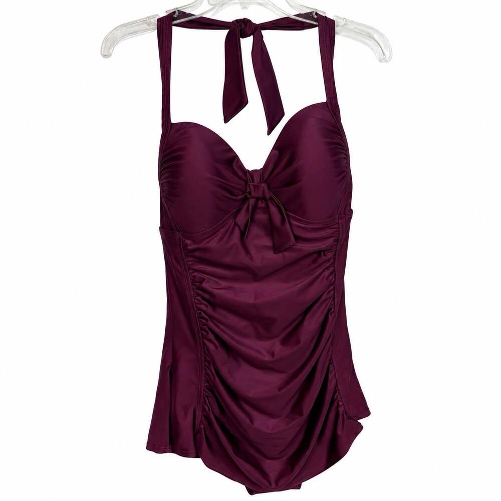 Merona Women’s Large Plum One Piece Swimdress Swimsuit Halter Ruched Front NWT